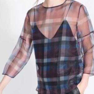 ZARA BASIC Sheer Plaid Organza Blouse – Size Small